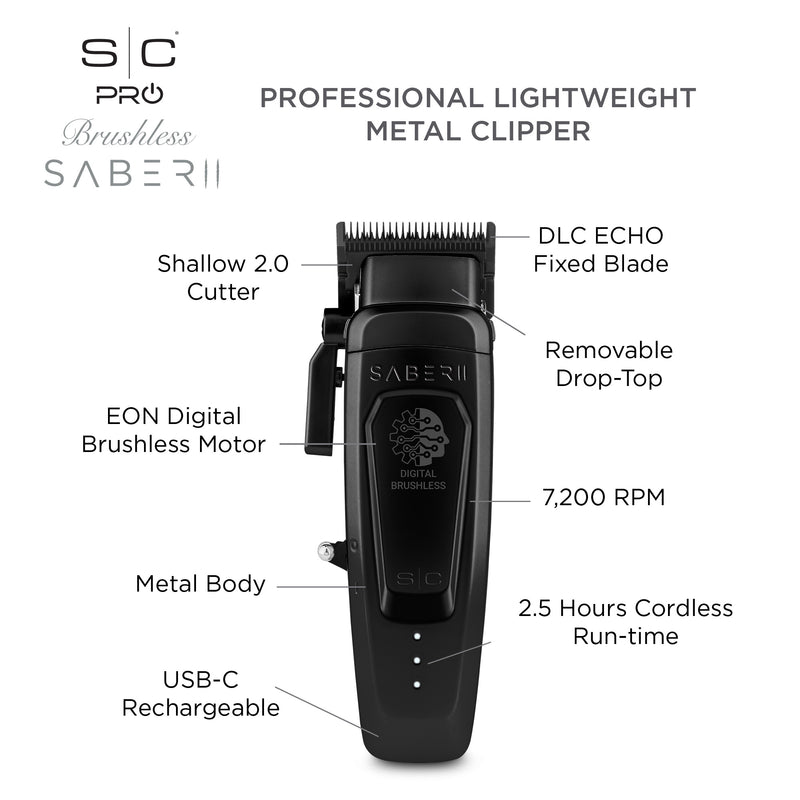 StyleCraft Saber 2.0 Cordless Modular Clipper w/ High-Torque Digital Brushless Motor - Black
