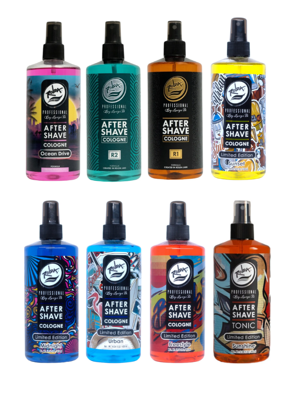 Collection of various after-shave products with colorful labels on a white background