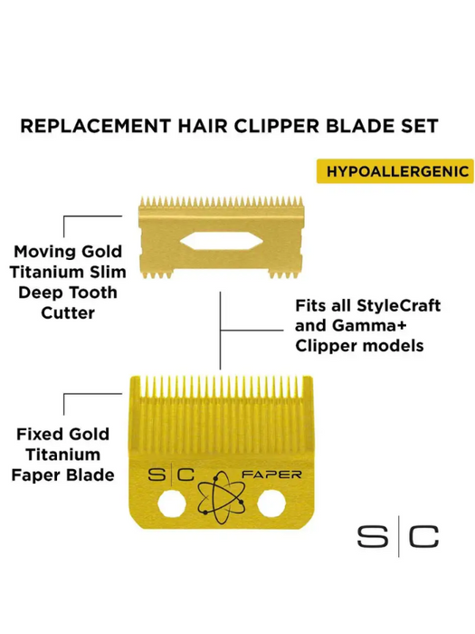 StyleCraft Fixed Gold Titanium Faper Clipper Blade with Moving Slim Deep Cutter Set
